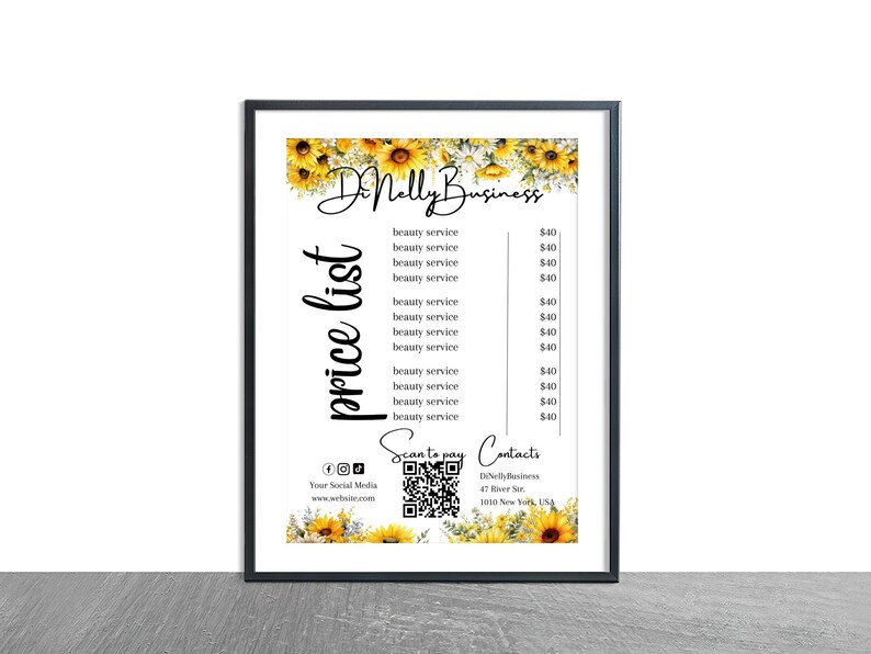 Sunflowers Price List and Scan to Pay With QR Code Template, Editable