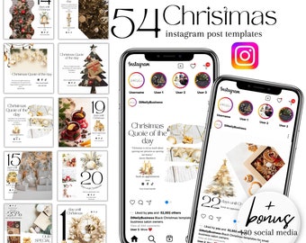 May include: A collection of 54 Christmas Instagram post templates featuring festive imagery, including a Christmas tree, ornaments, and a quote about the season. The templates are designed for businesses and include a bonus of 30 social media icons.