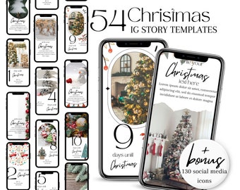 May include: A set of 54 Instagram story templates featuring a Christmas theme. The templates include a countdown to Christmas, festive images, and text boxes for adding your own message. The set also includes 130 social media icons.