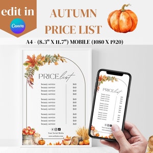 Autumn Price List, Instagram story autumn price list, salon price list, Editable price list, Small business price, Editabe price list