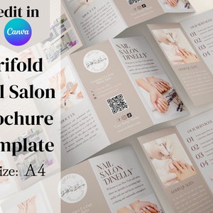 Szablon broszury salonu paznokci Trifold, szablon ulotki edytowalny w Canva, szablony świadomości marki DIY, salon fryzjerski, paznokciowy, makijażowy
