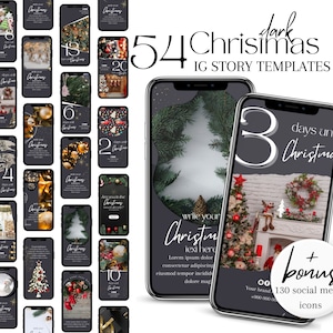 May include: A collection of 54 dark Christmas Instagram story templates displayed on smartphones. The templates feature festive designs with Christmas trees, ornaments, and countdowns. The text includes "write your Christmas text here".