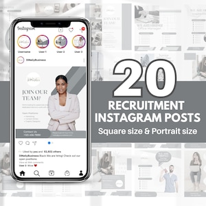 May include: A collection of 20 customizable Instagram post templates for recruitment. The templates are in both square and portrait formats. The templates feature a gray and white color scheme with text that says "Join Our Team?" and "We Are Hiring!"