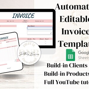 Google Sheet Automated Invoice Template, Pink Small Business Template ...