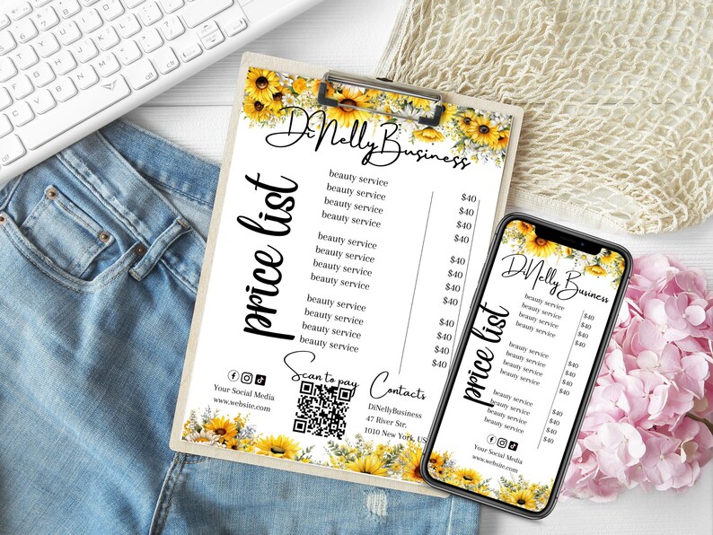 Sunflowers Price List and Scan to Pay With QR Code Template, Editable