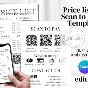 Liste de prix minimaliste et modèles Canva Scan to Pay, modèle de liste de prix Instagram, service Menu Story, liste de prix modifiable,
