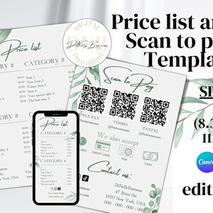 Small Business Watercolor Greenery Price List and Scan to Pay Canva Templates, Price list Template, Edit in Canva, Canva Business Templates