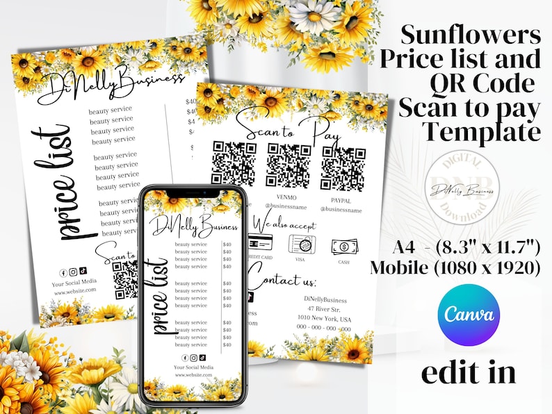 Sunflowers Price List and Scan to Pay With QR Code Template, Editable