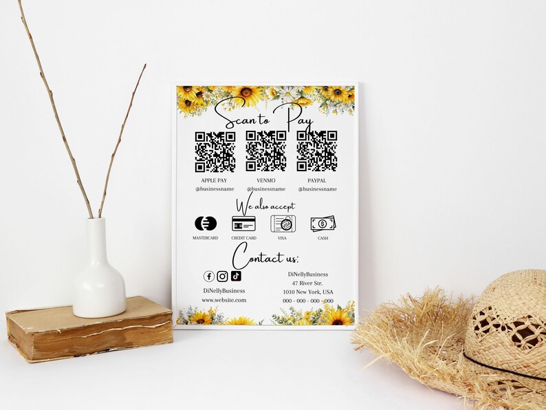 Sunflowers Price List and Scan to Pay With QR Code Template, Editable