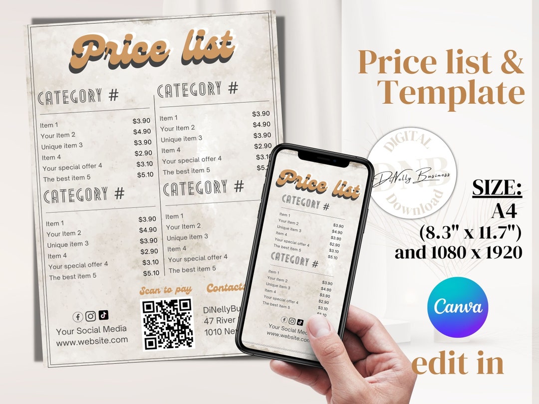 Vintage Price List Template, Editable Retro Price List Template Canva