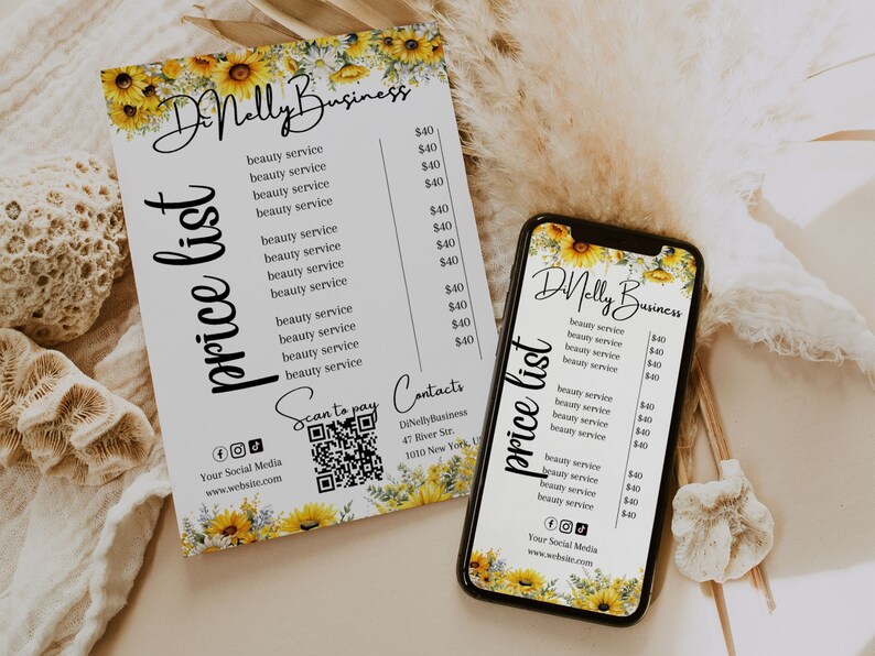 Sunflowers Price List and Scan to Pay With QR Code Template, Editable