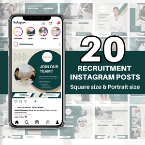 Op de afbeelding: Een collage van 20 Instagram-posttemplates voor werving en selectie. De templates zijn in een vierkante en portretvorm. De templates hebben een groen-wit kleurenschema met tekst die zegt "Word lid van ons team?" en "We zijn op zoek naar gepassioneerde en toegewijde stagiaires om met ons samen te werken!" De templates bevatten ook een lijst met openstaande vacatures, zoals marketing, content writer en grafisch ontwerper.