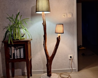 Acacia driftwood floor lamp, double chocolate lampshade.