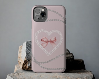 Custodia per iPhone con fiocco rosa: cover per telefono Girly Coquette Pearls