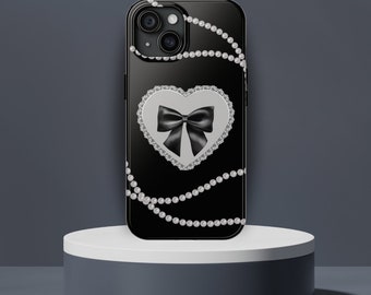 Black Bow Phone Case: Coquette Pearls Lace Design