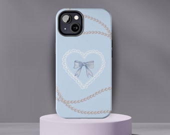 Blue Bow Coquette Phone Case with Pearls