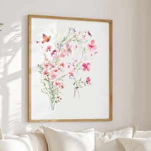Wildflower Wall Print, Pink Digital watercolor Flower