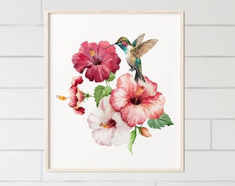 Aquarelprint kolibrie en hibiscus: tropische botanische kunst