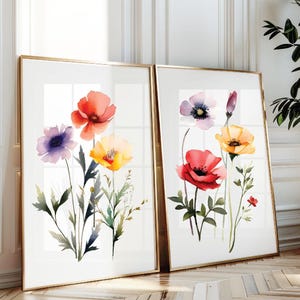 Poppy watercolor wall print ,  Nursery Red and yellow Poppy print set , Watercolor Colorful nursery wall art