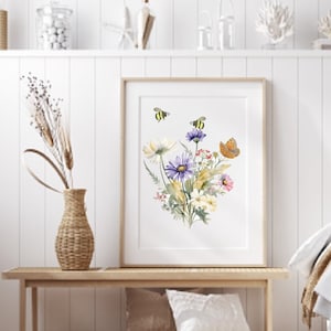 Watercolor with bumble bee and Flowers wall Print , Florals  with Butterfly and bumble bee