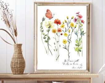 Wildblumen-Wandbild mit Schmetterling und Liebesgedicht