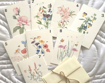 Greeting Cards w/watercolor paper ,  Blank cards, pack or individual / Pink Rose, Butterfly and bee, Botanical flowers