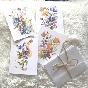 Tarjetas de felicitación, Flores de acuarela, Juego de 4 tarjetas de flores silvestres, Tarjetas en blanco con sobres