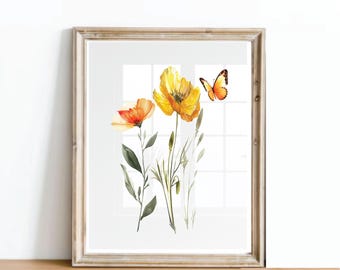 Wildflower wall print, Yellow Flowers with butterfly