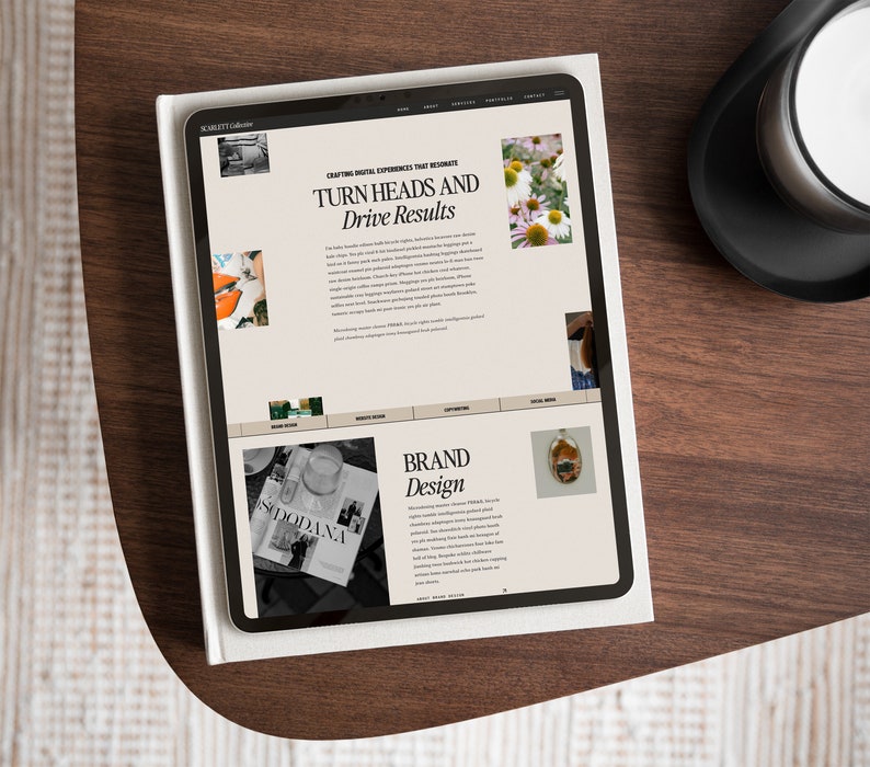 May include: A tablet computer displaying a website with the text "Crafting Digital Experiences That Resonate" and "Turn Heads and Drive Results". The website also features images of flowers, a magazine, and a small, round, framed image.