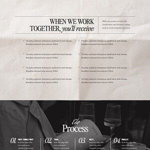 May include: Website homepage for Scarlett Collective, a branding agency. The website features a black and white photo of a woman reading a book, a black and white photo of a person holding a stack of vintage magazines, and a black and white photo of a person holding a glass of wine. The website also features a section with frequently asked questions and a section with a portfolio of past work.