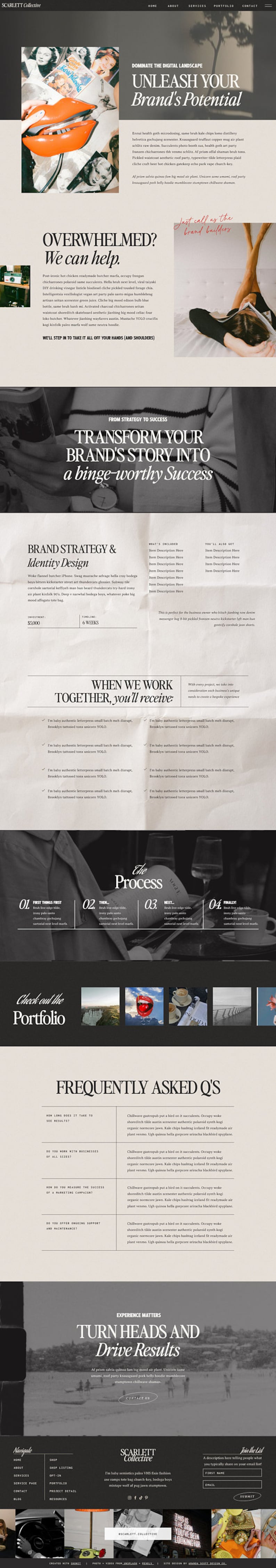 May include: Website homepage for Scarlett Collective, a branding agency. The website features a black and white photo of a woman reading a book, a black and white photo of a person holding a stack of vintage magazines, and a black and white photo of a person holding a glass of wine. The website also features a section with frequently asked questions and a section with a portfolio of past work.