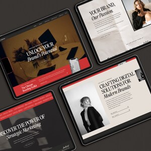 May include: Four tablet computer screens displaying a website for a branding and marketing agency. The website features images of women, text about crafting digital solutions for modern brands, and the phrase "Unlock Your Brand's Potential".