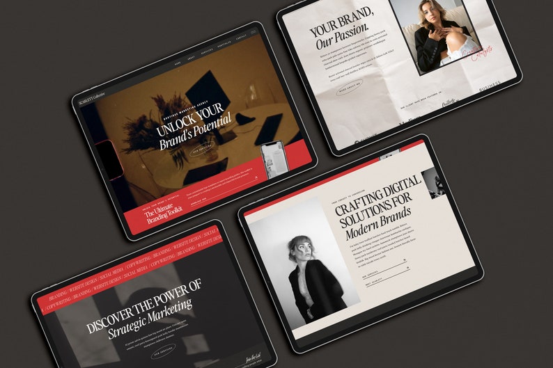 May include: Four tablet computer screens displaying a website for a branding and marketing agency. The website features images of women, text about crafting digital solutions for modern brands, and the phrase "Unlock Your Brand's Potential".