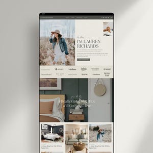May include: A website layout for Lauren Richards featuring a hero section with a photograph of a person in a hat and denim jacket, a navigation bar with brand logos, and a blog section displaying interior design images and placeholder text.
