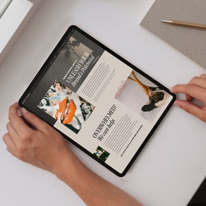 May include: A tablet computer displaying a website with the text "UNLEASH YOUR Brand's Potential" and "OVERWHELMED? We can help." The website features a collage of images with a vintage aesthetic.