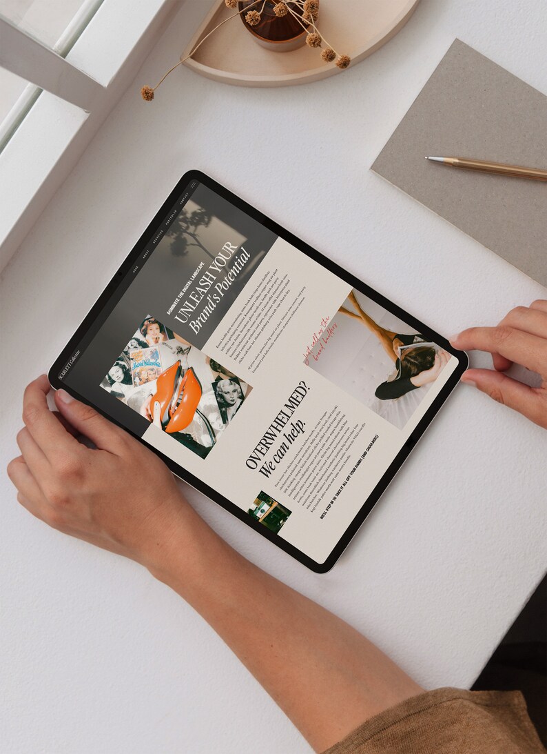 May include: A tablet computer displaying a website with the text "UNLEASH YOUR Brand's Potential" and "OVERWHELMED? We can help." The website features a collage of images with a vintage aesthetic.