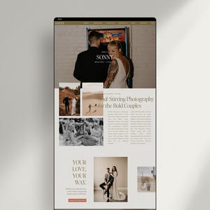 May include: A mobile website interface for Sonny Wedding Lifestyle photography featuring a hero image of a couple, text headers including Soul-Stirring Photography for the Bold Couples, Your Love, Your Way, and multiple smaller photographic thumbnails.