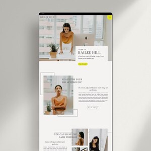 May include: A website layout design featuring a business coach named Bailee Hill. The page includes professional photography of a person in an orange top, text sections with headings like Ready for your breakthrough, and yellow accent buttons.