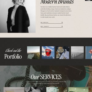 May include: Website homepage for a boutique marketing agency called Scarlett Collective. The website features a black and white photo of a woman with the text "Crafting Digital Solutions for Modern Brands". The website also features a portfolio of work, a list of services, and a call to action to download a branding toolkit.