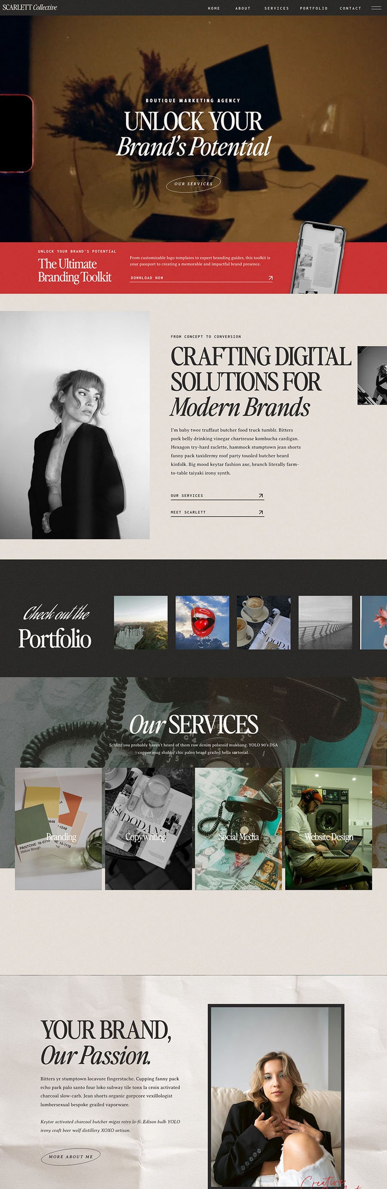 May include: Website homepage for a boutique marketing agency called Scarlett Collective. The website features a black and white photo of a woman with the text "Crafting Digital Solutions for Modern Brands". The website also features a portfolio of work, a list of services, and a call to action to download a branding toolkit.