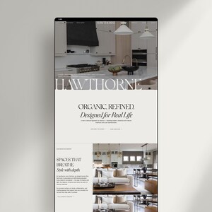 May include: A mobile website interface for Hawthorne featuring a kitchen interior with white cabinetry, a marble countertop, and a black range hood. The text reads HAWTHORNE, ORGANIC, REFINED. Designed for Real Life, SPACES THAT BREATHE. Style with depth.