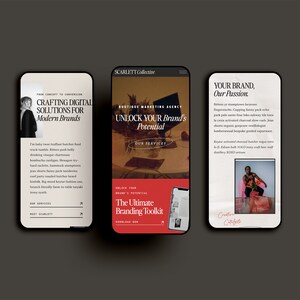 May include: Three mobile phone screens displaying a website for a branding and marketing agency called Scarlett Collective. The website features a red and black color scheme and text that reads "Unlock Your Brand's Potential" and "The Ultimate Branding Toolkit".