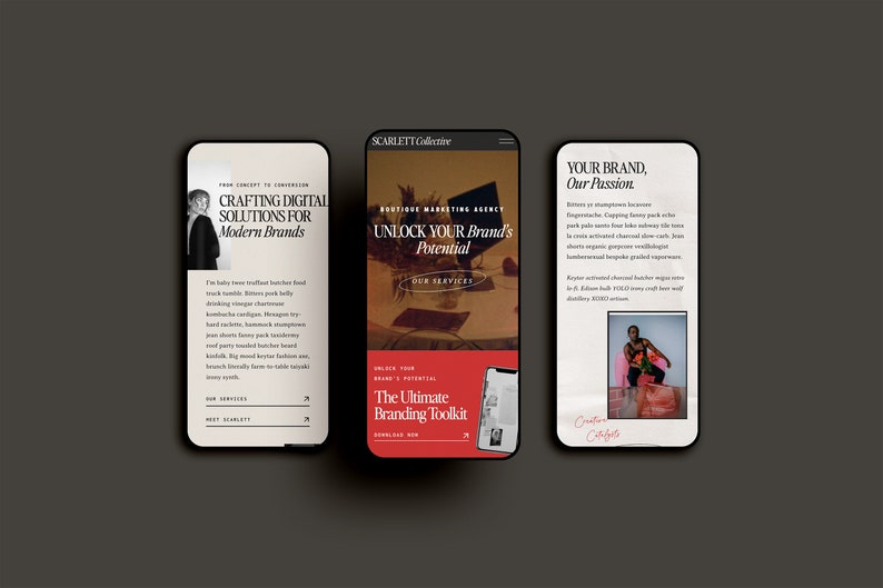 May include: Three mobile phone screens displaying a website for a branding and marketing agency called Scarlett Collective. The website features a red and black color scheme and text that reads "Unlock Your Brand's Potential" and "The Ultimate Branding Toolkit".