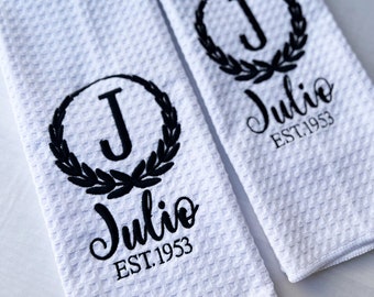 Personalized Embroidered Waffle Weave Dish Towel, Anniversary Gift