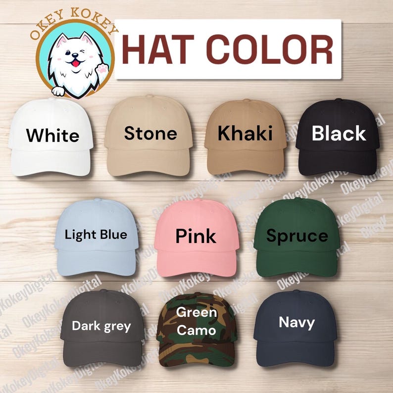 K&ouml;nnte beinhalten: Eine Auswahl von 10 Baseballkappen in verschiedenen Farben, darunter Wei&szlig;, Stein, Khaki, Schwarz, Hellblau, Pink, Fichte, Dunkelgrau, Gr&uuml;n-Camouflage und Marineblau. Der Text "HAT COLOR" wird &uuml;ber den Kappen angezeigt.