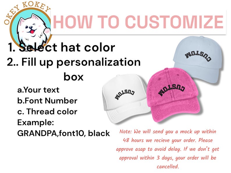 K&ouml;nnte beinhalten: Anleitung zum Anpassen eines Hutes mit Text, Schriftartnummer und Garnfarbe. Das Bild zeigt drei H&uuml;te in verschiedenen Farben: hellblau, pink und wei&szlig;. Der Text auf den H&uuml;ten lautet "CUSTOM". Das Beispieltext lautet "GRANDPA, font10, black".