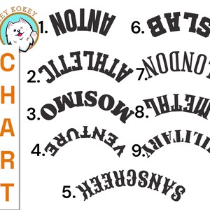 K&ouml;nnte beinhalten: Ein Diagramm mit dem Wort "FONT" vertikal in orangefarbenen Buchstaben geschrieben. Das Diagramm ist von 1 bis 9 nummeriert. Jede Nummer entspricht einem Wort, das in schwarzen Buchstaben in einer Bogenform geschrieben ist. Die W&ouml;rter sind: ANTON, ATHLETIC, MOSIMO, VENTURE'D, SANSCREEK'S, SLAB, LONDON, METAL, MILITARY.