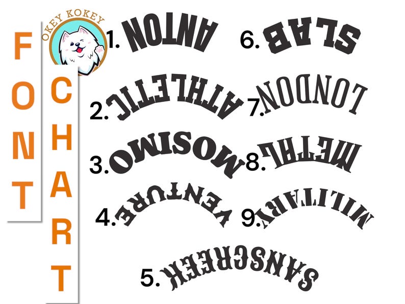 K&ouml;nnte beinhalten: Ein Diagramm mit dem Wort "FONT" vertikal in orangefarbenen Buchstaben geschrieben. Das Diagramm ist von 1 bis 9 nummeriert. Jede Nummer entspricht einem Wort, das in schwarzen Buchstaben in einer Bogenform geschrieben ist. Die W&ouml;rter sind: ANTON, ATHLETIC, MOSIMO, VENTURE'D, SANSCREEK'S, SLAB, LONDON, METAL, MILITARY.
