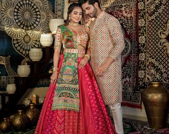 Indian Festive Latest Couple Combo Set Lehenga Choli With Kurta Wedding Party Matching Outfits Designer Couple Engagement Dresses.