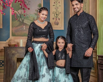 Designer Wedding Couple Combo Set Lehenga Choli & Kurta Set Family Combo Engagement Party Indian Outfits Navratri Couple Dress Kids Lehenga.
